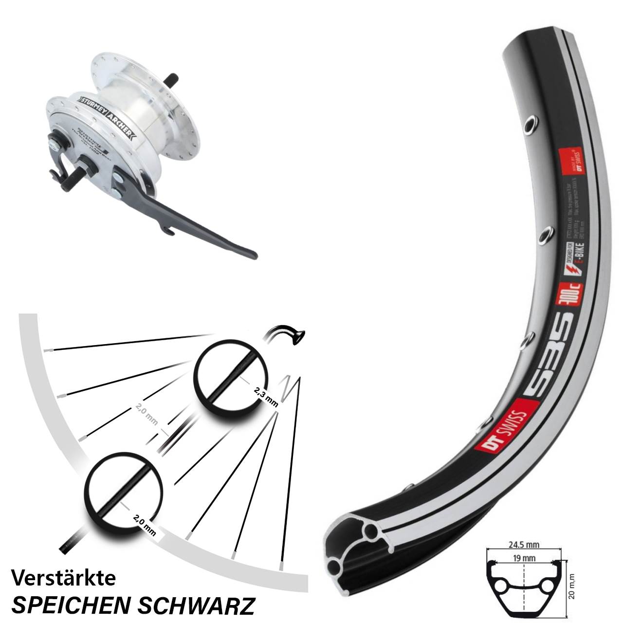 Nabendynamolaufrad Vollachse 26 Zoll DT Swiss 535 Sturmey Archer XL-FDD 3,0 Trommelbremse