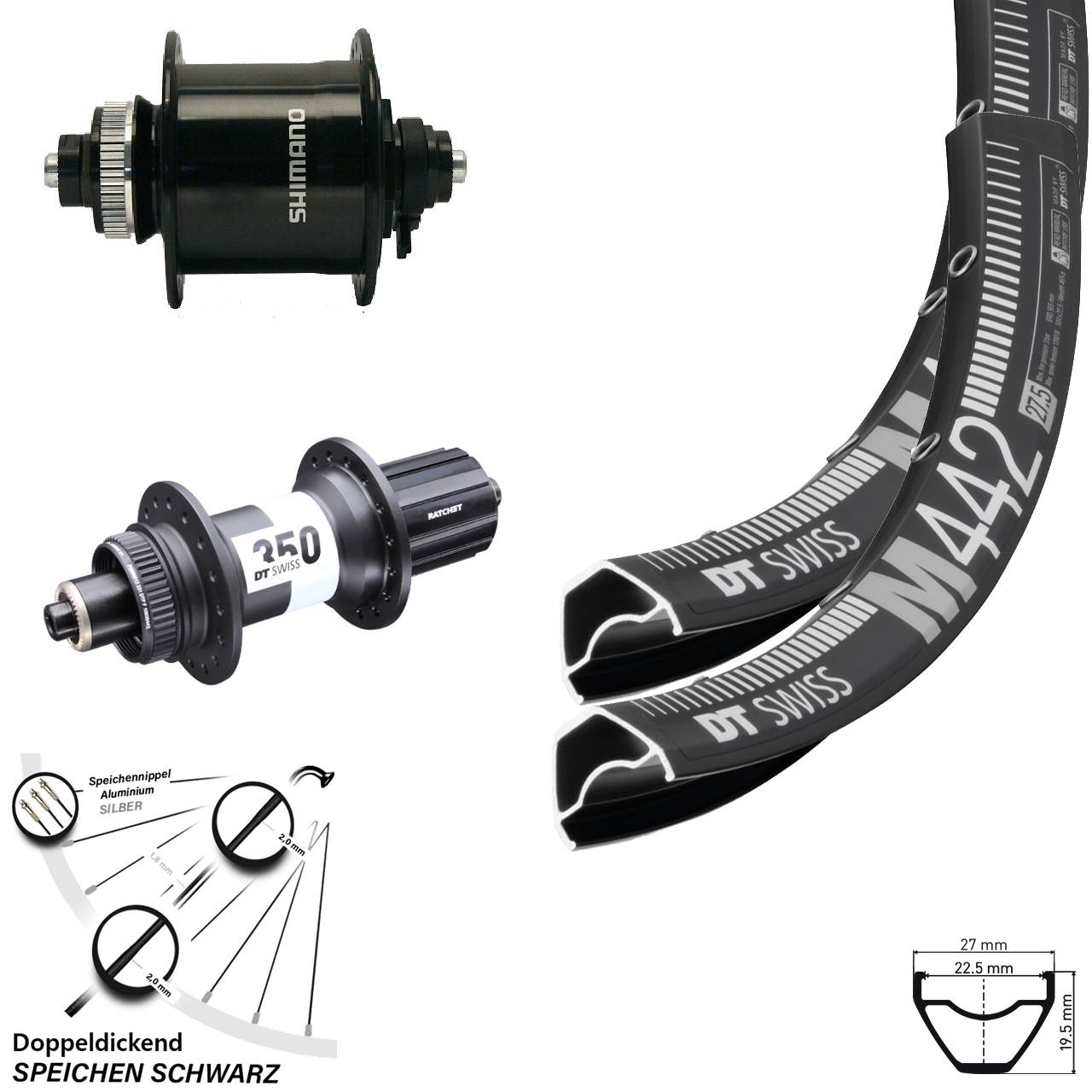 DT Swiss M442-350 Ratchet 36 Shimano DH-UR700 28-29 Zoll Laufrad-Satz QR 8-11 fach HG