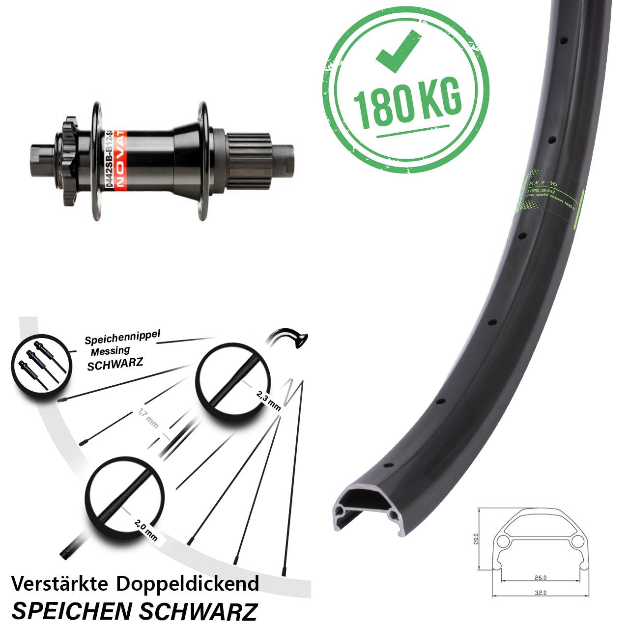 Boost Hinterrad 6-Loch 12x148 20 Zoll KX Evo Novatec D442 Shimano Micro Spline