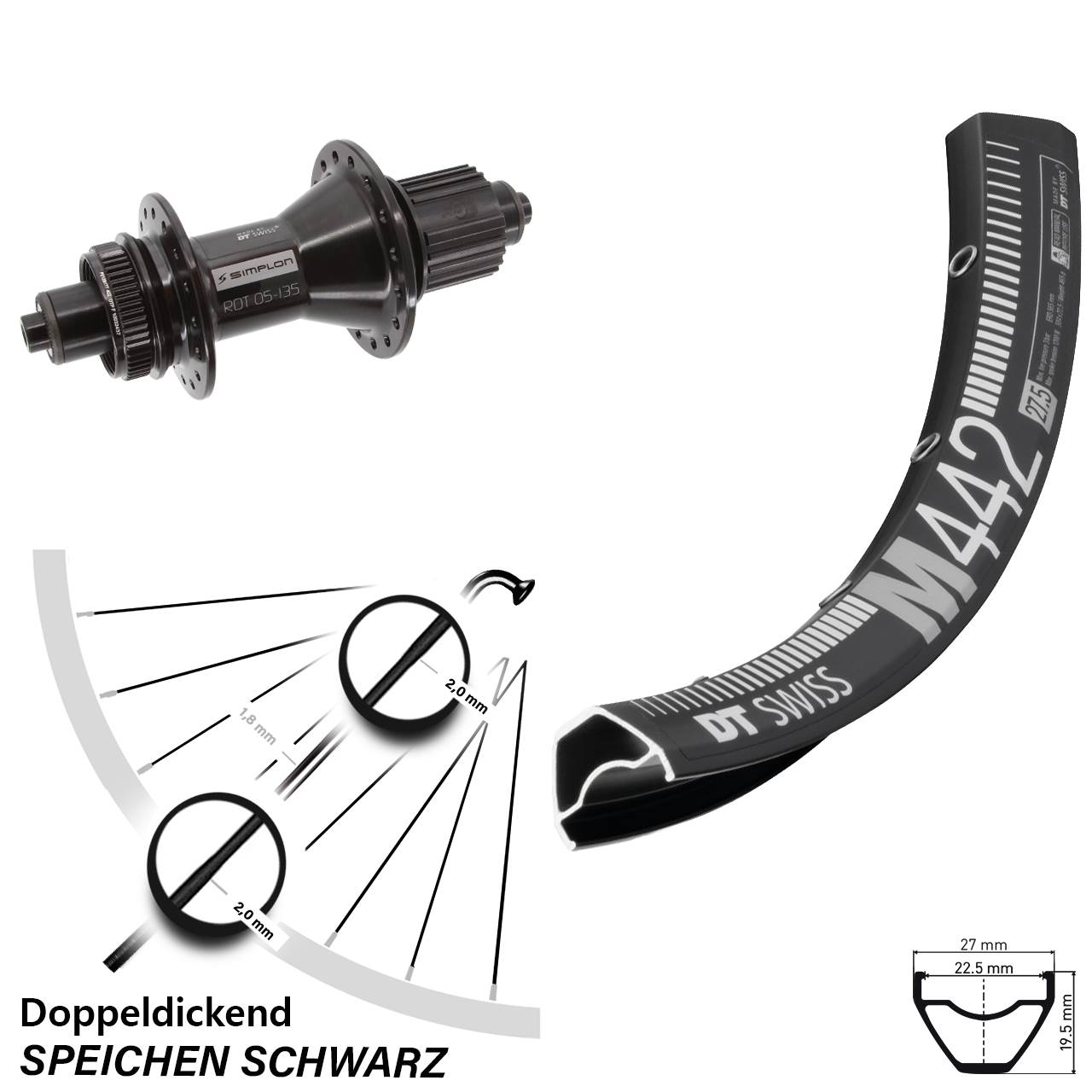 DT Swiss M442-370 Hybrid 28-29 Zoll Disc Laufrad für Schnellspanner Shimano Micro Spline
