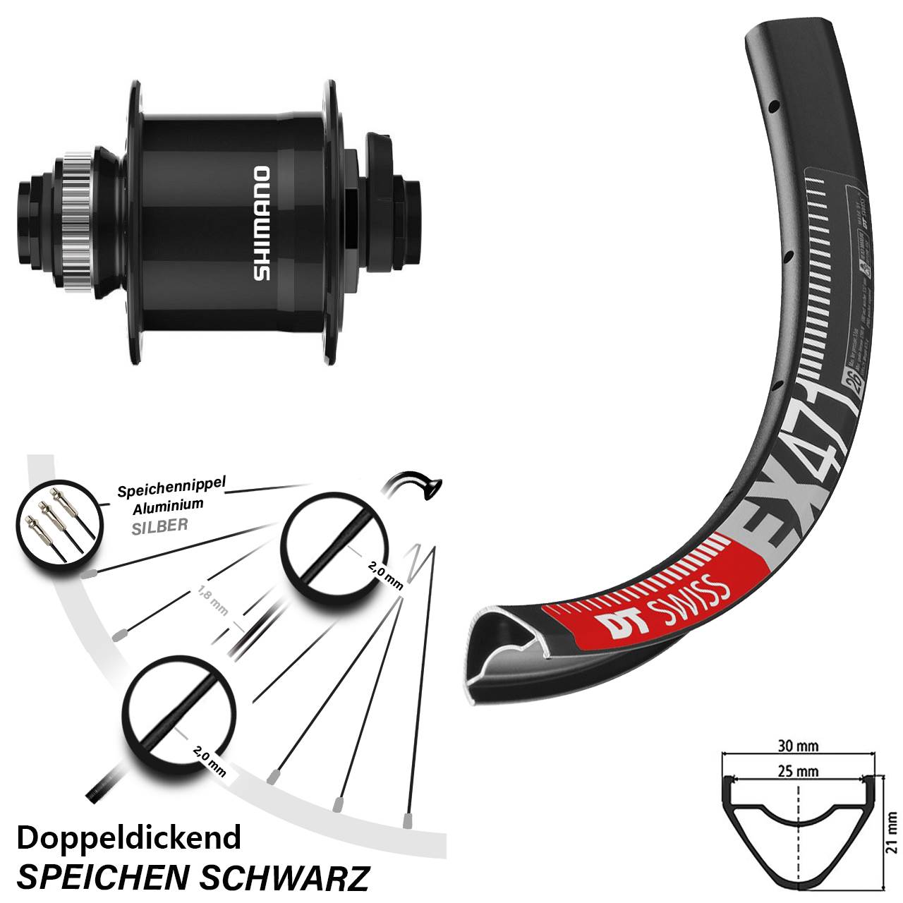 Nabendynamovorderrad Centerlock 15x100 29 Zoll DT Swiss EX 471 Shimano DH-UR708-3D