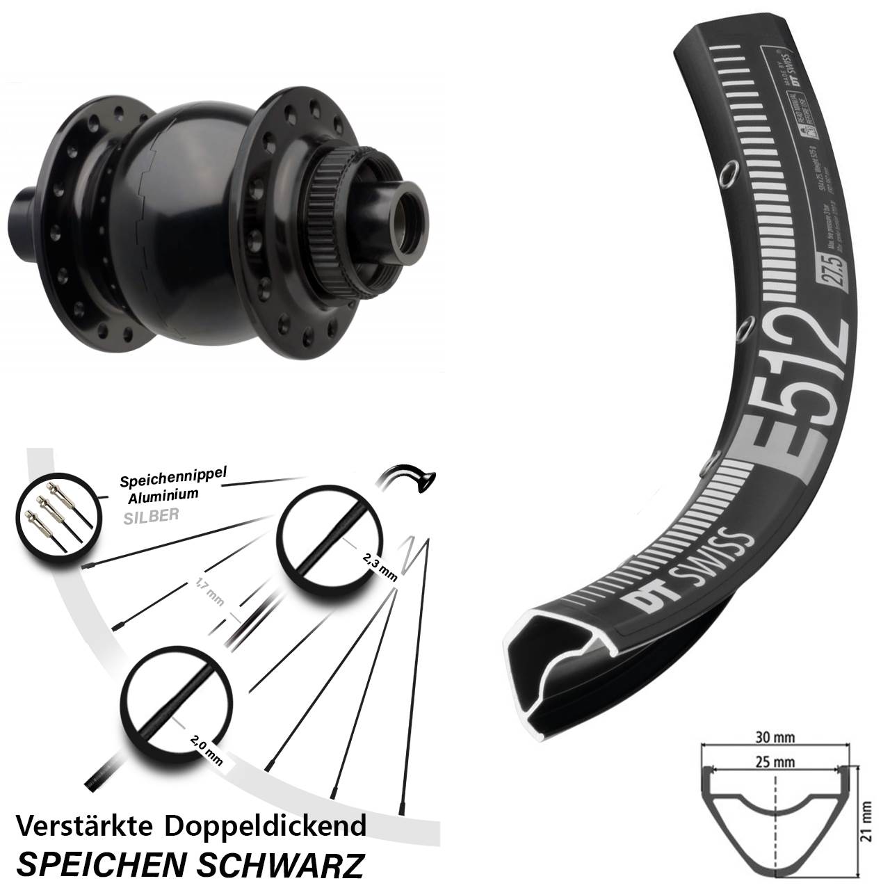 Vorderrad 27,5 Zoll DT Swiss E 512 Disc SON 28-15 Steckachse 110 Boost schwarz