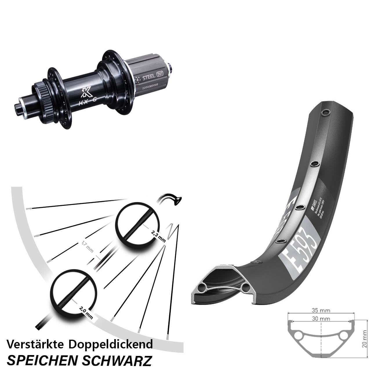 Centerlock Hinterrad 29 Zoll DT Swiss E593 KX-GS Heavy Duty 8-12 fach QR