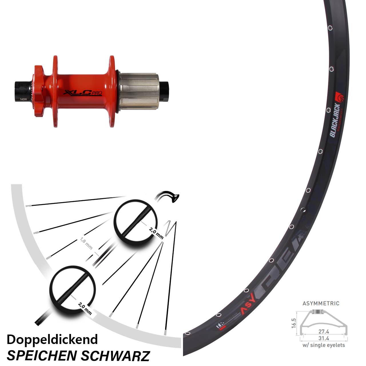 27,5 Zoll Hinterrad XLC Pro rot 12x142 mm Rodi Ready 27 Disc 6-Loch 8-11 fach