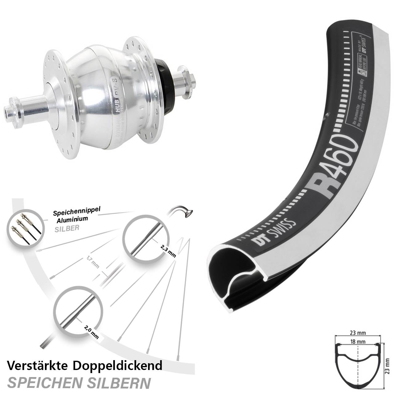 Vorderrad Rennrad 28 Zoll DT Swiss R460 Shutter Precision PV8 Nabendynamo