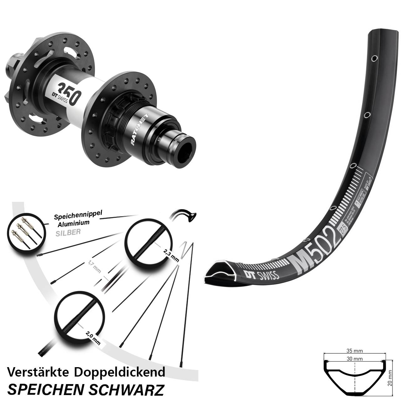 DT Swiss M 502-350 27,5 Zoll Hinterrad 6-Loch 12x142 SRAM XD