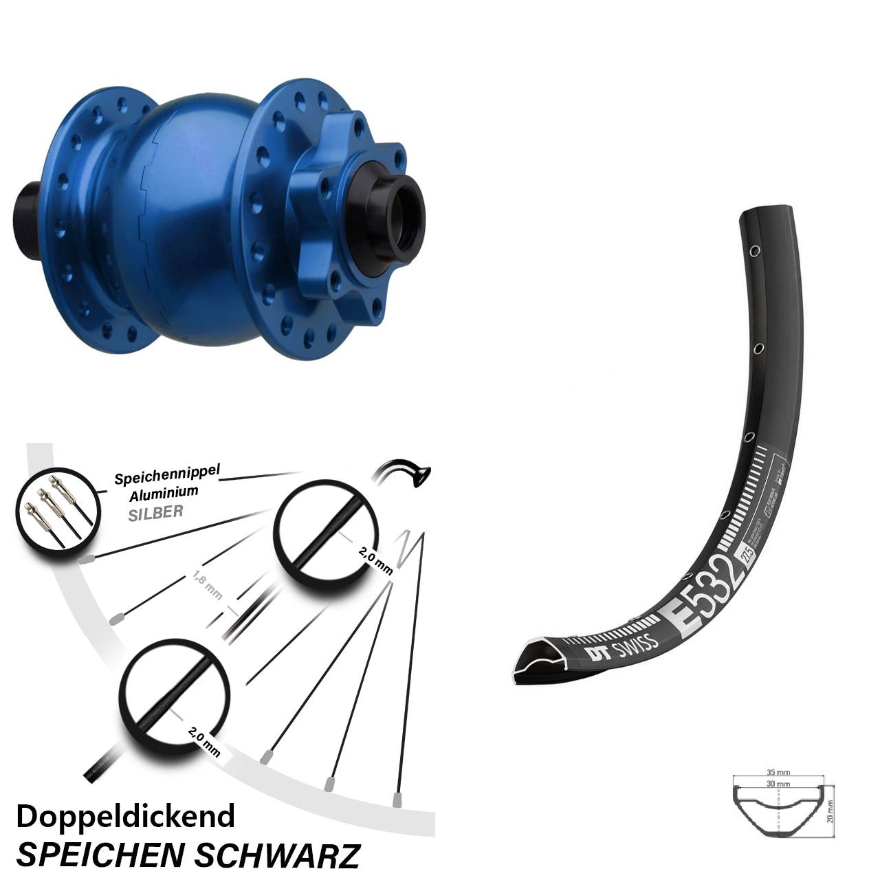 Disc Vorderrad mit Nabendynamo 27,5 Zoll DT Swiss E532 SON 28 blau 15x110 Boost