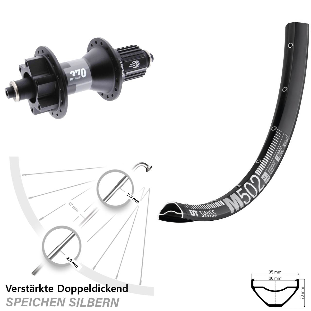 DT Swiss M 502-370 Hybrid 29 Zoll Laufrad für Schnellsp. Shimano Micro Spline