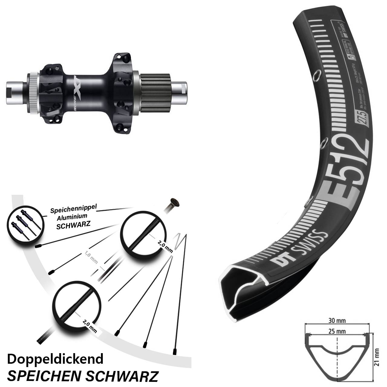 Hinterrad 29 Zoll DT Swiss E512 Shimano Deore XT FH-M8110-BS Straightpull 12-fach