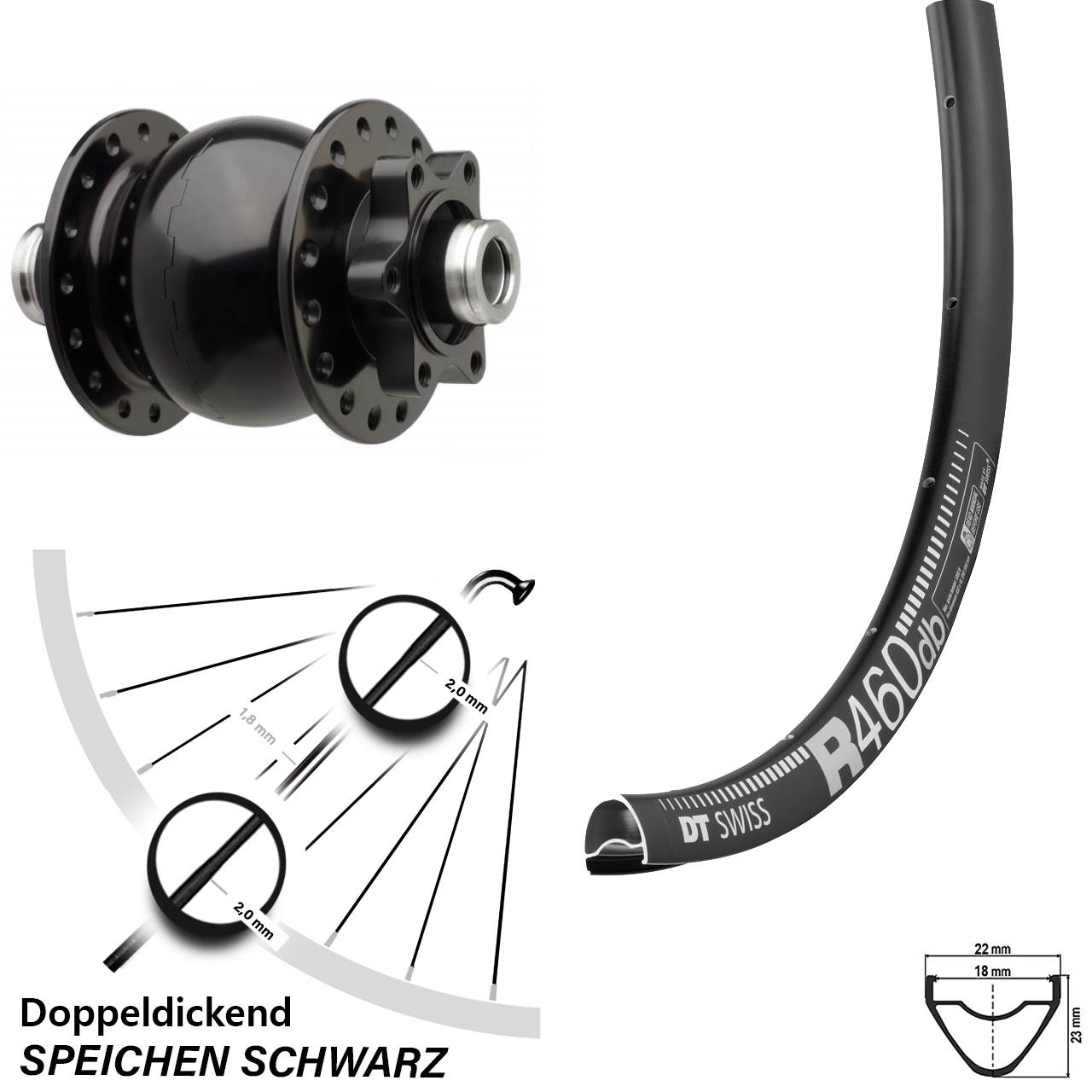 28 Zoll Nabendynamo Vorderrad DT Swiss R 460 DB SON 28-12 Boost 110 mm 6-Loch