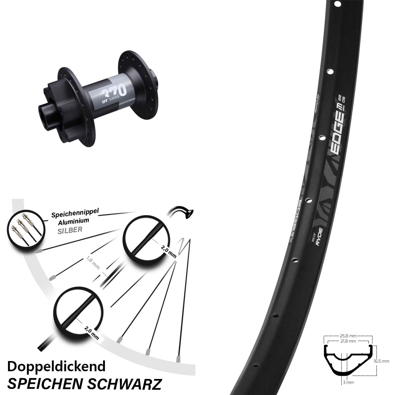 6-Loch Vorderrad 15x100 28 Zoll Ryde Edge M22 DT Swiss 370