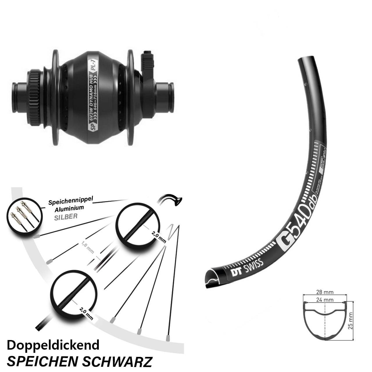 28 Zoll Vorderrad mit Nabendynamo DT Swiss G 540 Shutter Precision PL-7
