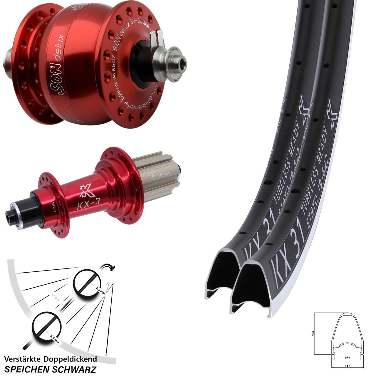 KX-R31 rot SONdelux rot 28 Zoll Laufradsatz für Schnellspanner 8-12 fach Campagnolo