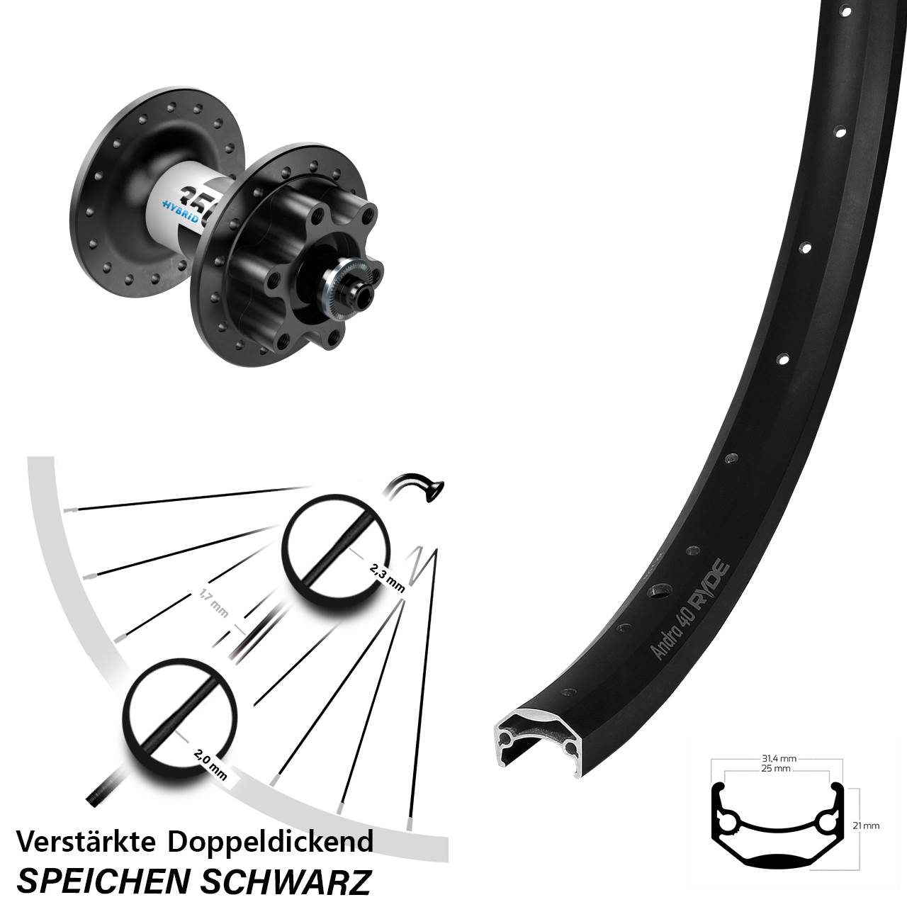 Ryde Andra 40 DT Swiss 350 Hybrid 26 Zoll Disc Laufrad für Schnellspanner