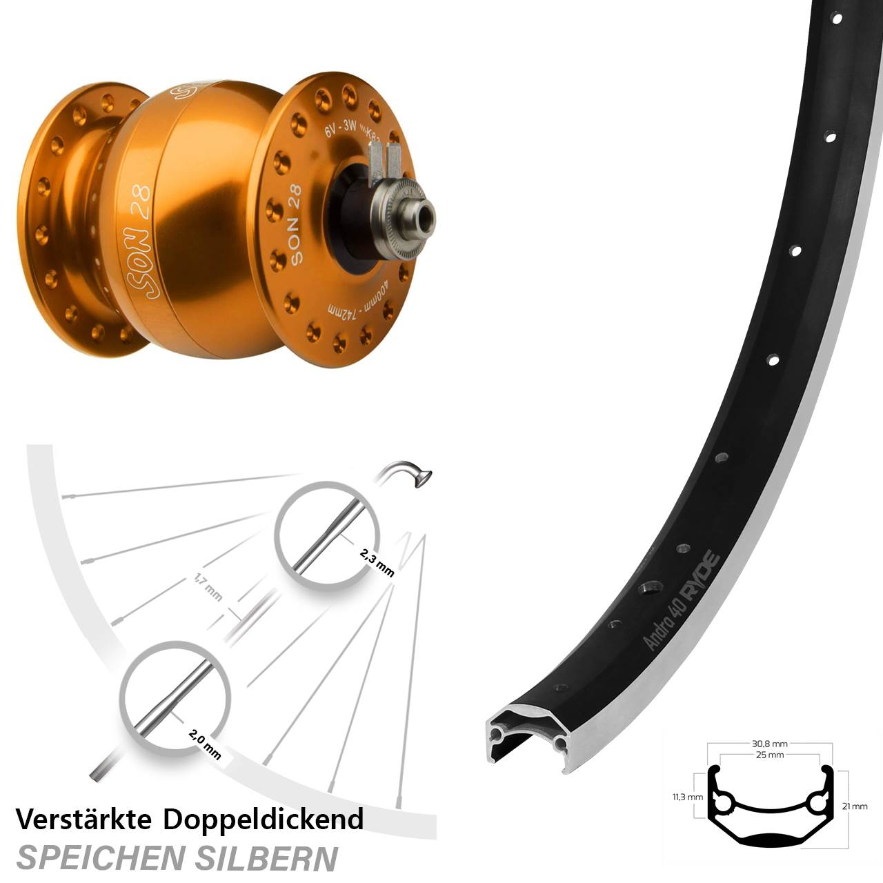 20 Zoll Ryde Andra 40 SON 28 orange Vorderrad mit Nabendynamo QR
