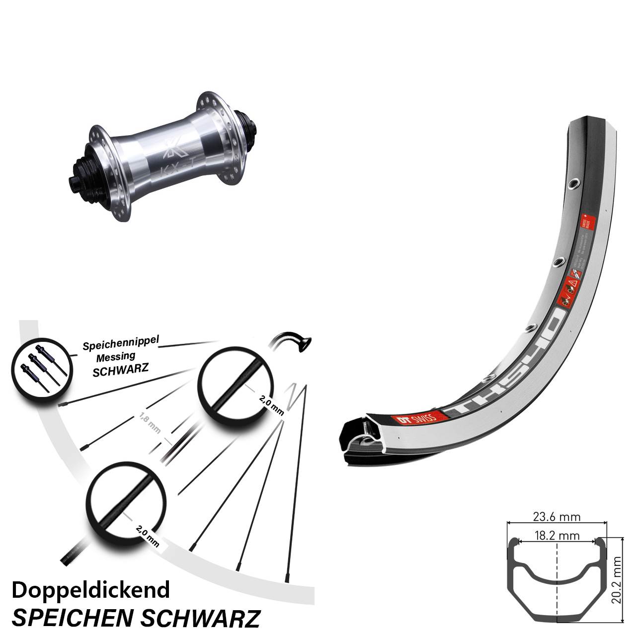 28 Zoll Vorderrad DT Swiss TK 540 Nabe 4-fach gelagert KX-T silbern 100 mm