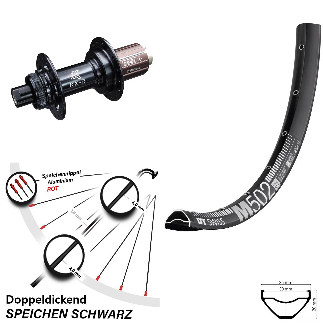 29 Zoll Hinterrad MTB Enduro KX-B Boost 12x148 mm Centerlock 8-12 fach DT Swiss M 502