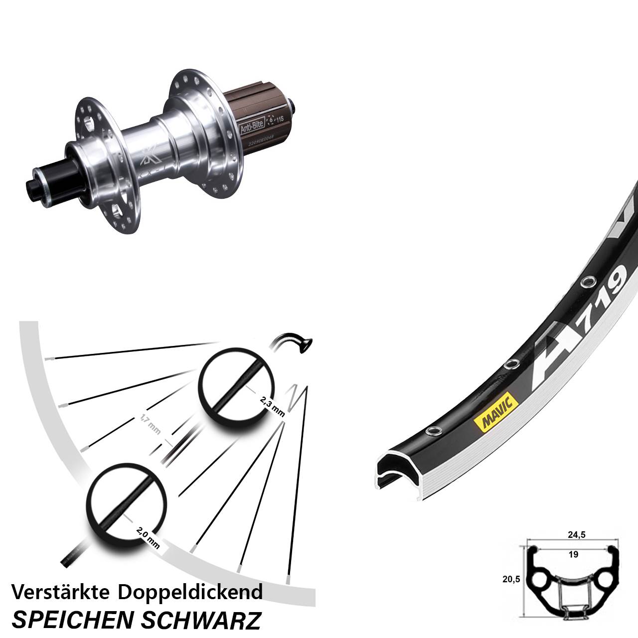 Hinterrad 28 Zoll Mavic A719 KX-T 8-12 fach für Schnellspanner