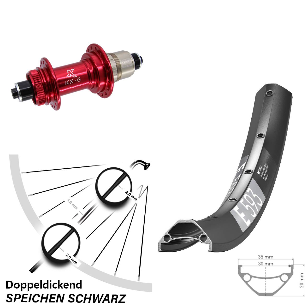 Centerlock Hinterrad 29 Zoll DT Swiss E593 KX-G rot XD-R für Schnellspanner