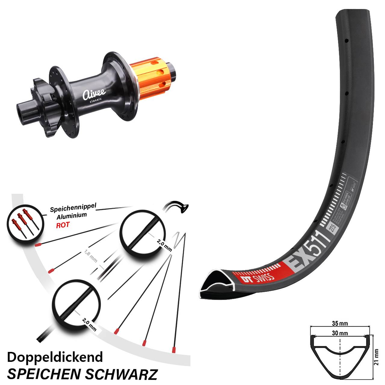 DT Swiss EX 511 Aivee Classic 27,5 Zoll Disc Hinterrad 12x148 Boost 8-12 fach