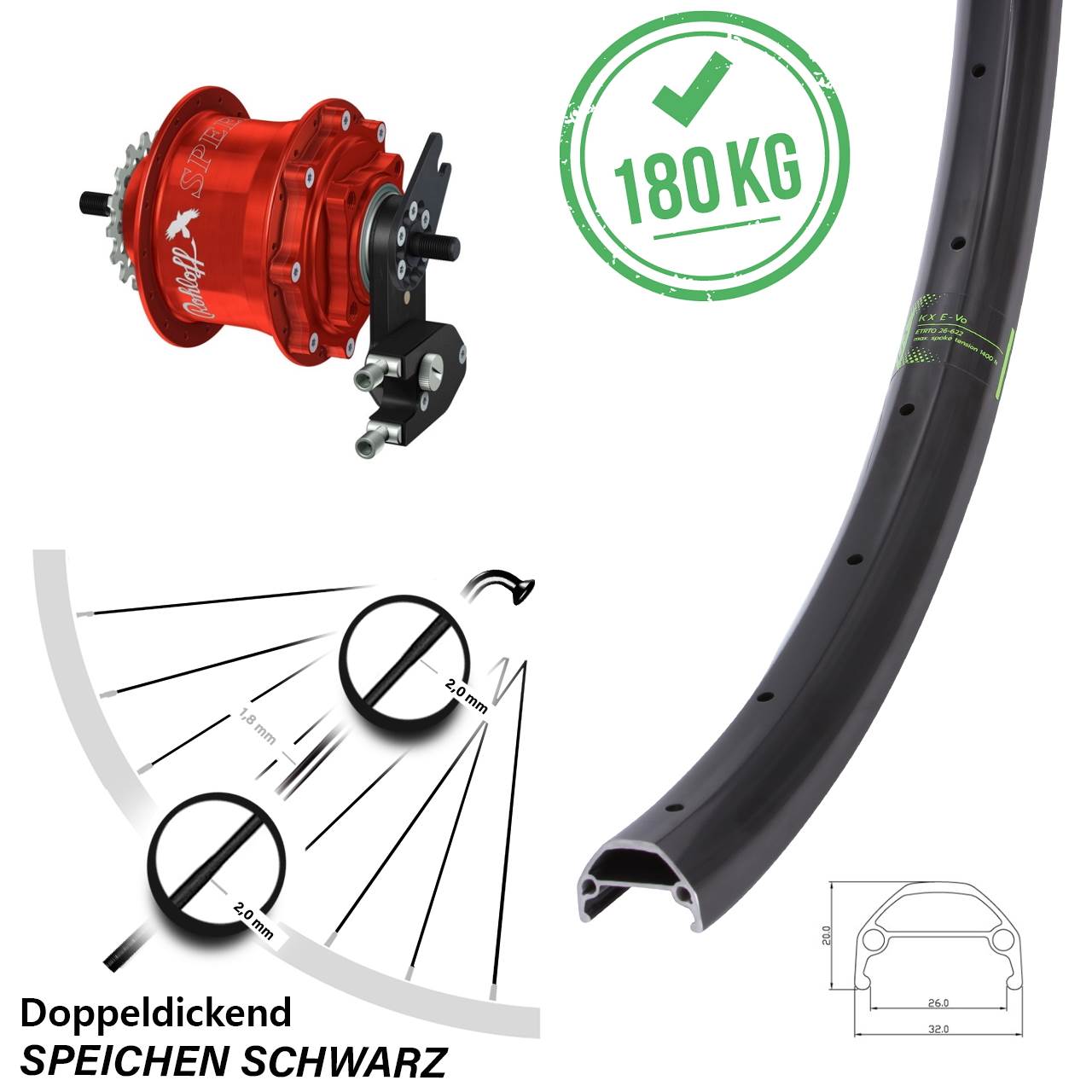 Hinterrad 26 Zoll KX Evo Rohloff Speedhub 500/14 TS DB OEM2 Tandem rot