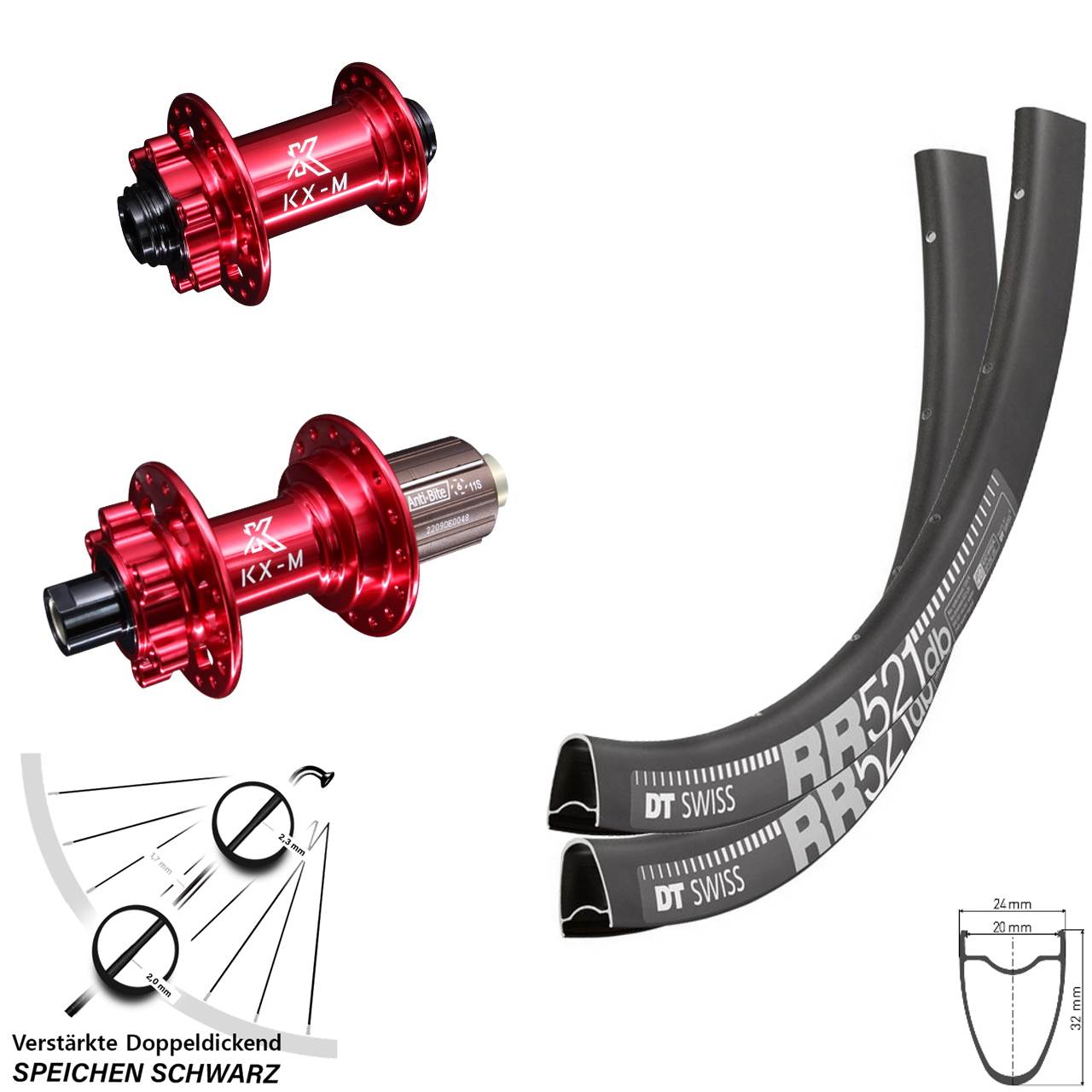 DT Swiss RR521 KX-M rot 28 Zoll 6-Loch Laufradsatz 12x100/142 8-12 fach