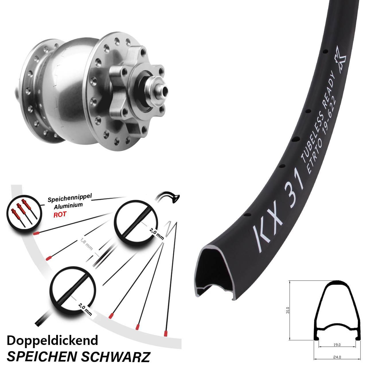 Disc Vorderrad mit Nabendynamo KX 31 SON 28 Zoll silbern QR