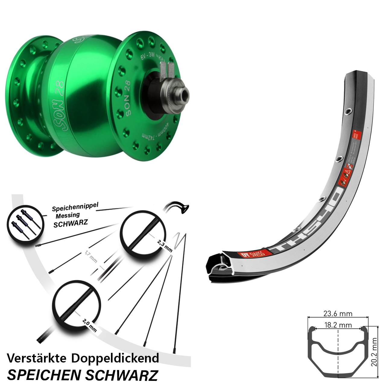 grüner SON 28 Zoll DT Swiss TK 540 Nabendynamovorderrad QR