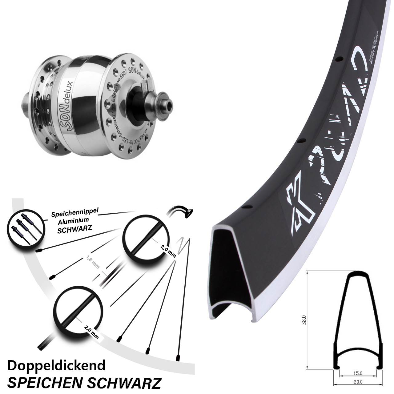 Vorderrad mit Nabendynamo 28 Zoll KX Road SONdelux poliert QR