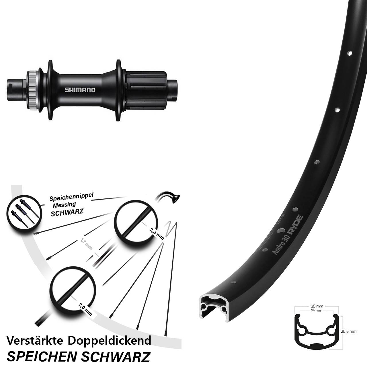 Centerlock Hinterrad 28 Zoll Ryde Andra 30 Disc Shimano FH-MT400 8-11 fach HG 12x142