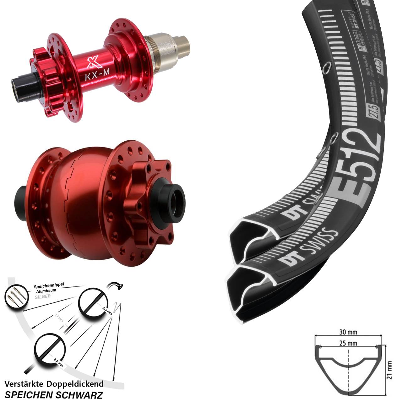 Laufradsatz 15x100 12x142 29 Zoll DT Swiss E512 KX-M rot SON 28 Disc 6-Loch SRAM XD