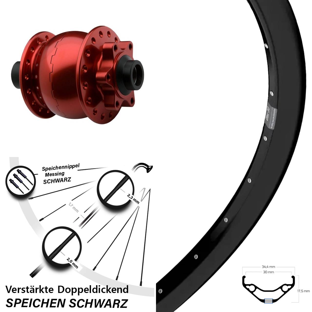 Dynamo-Vorderrad 15x100 27,5 Zoll Ryde Disc 30 SON 28 rot