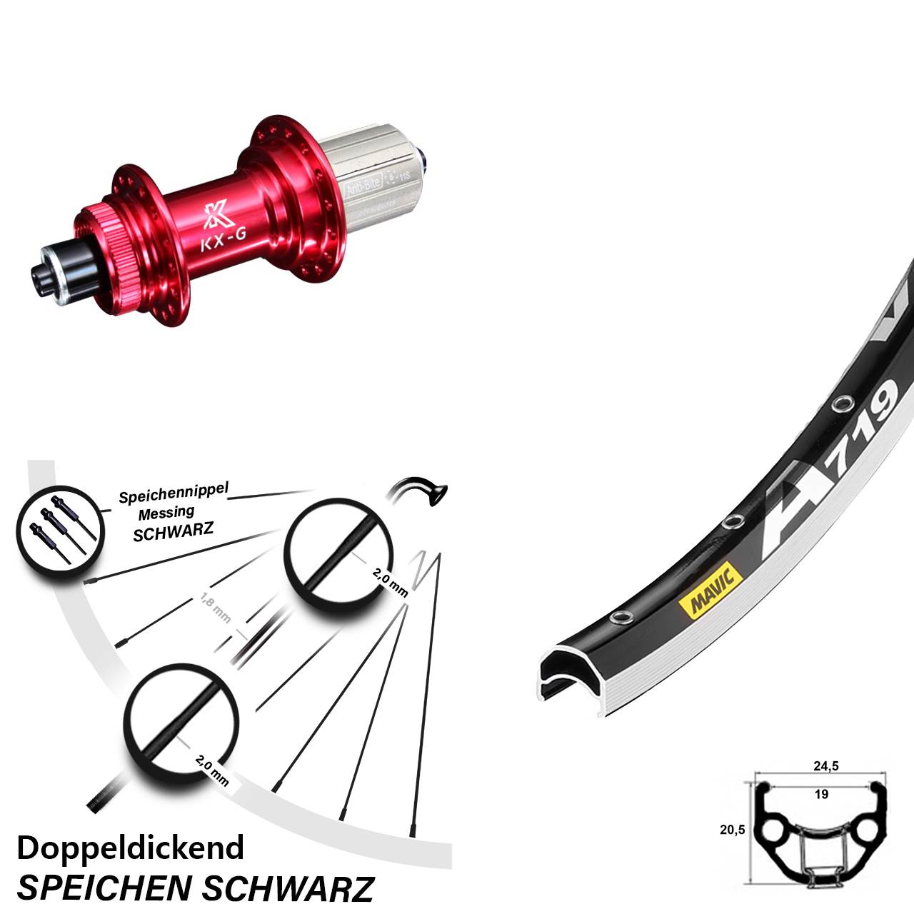 28 Zoll Hinterrad KX-G rot Schnellspanner 8-12 fach und Felgenbremse Mavic A 719