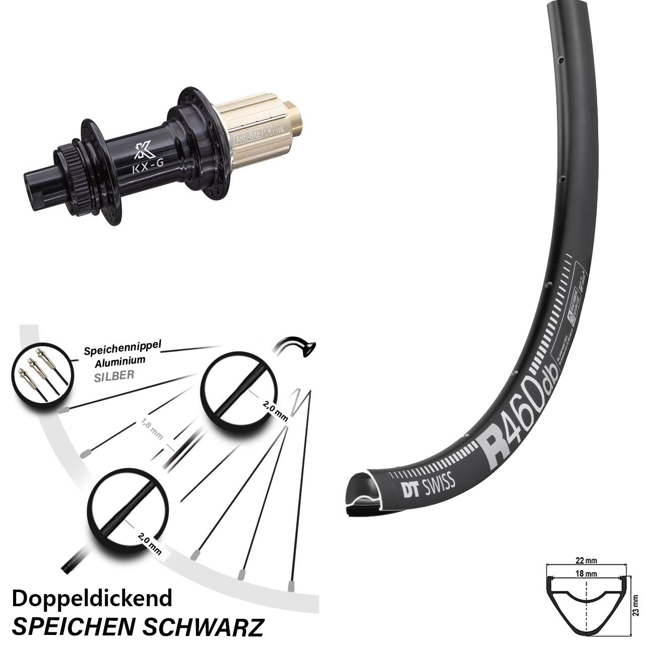 DT Swiss R 460 DB Hinterrad 28 Zoll mit KX-G Steckachse 12x142 mm 8-12 fach Nabe