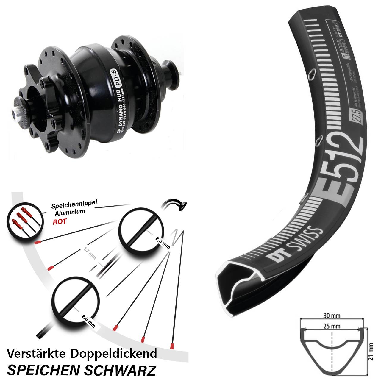 Disc Nabendynamolaufrad für Schnellspanner 27,5 Zoll DT Swiss E 512 Shutter PD-8