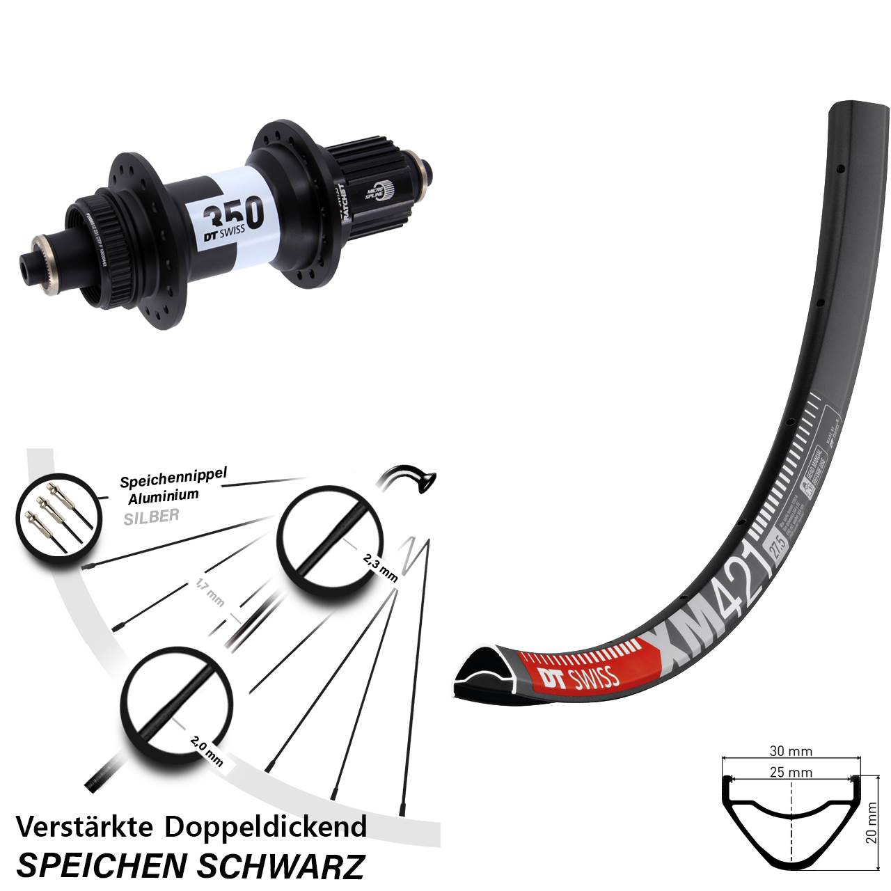 27,5 Zoll DT Swiss XM 421 350 Disc Hinterrad für Schnellspanner Shimano Micro Spline