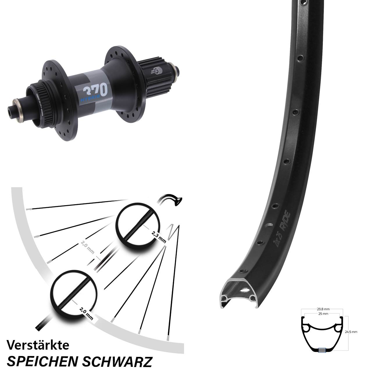 Centerlock Hinterrad 28-29 Zoll Ryde ZAC 25 DT Swiss 370 Hybrid Micro Spline QR Boost