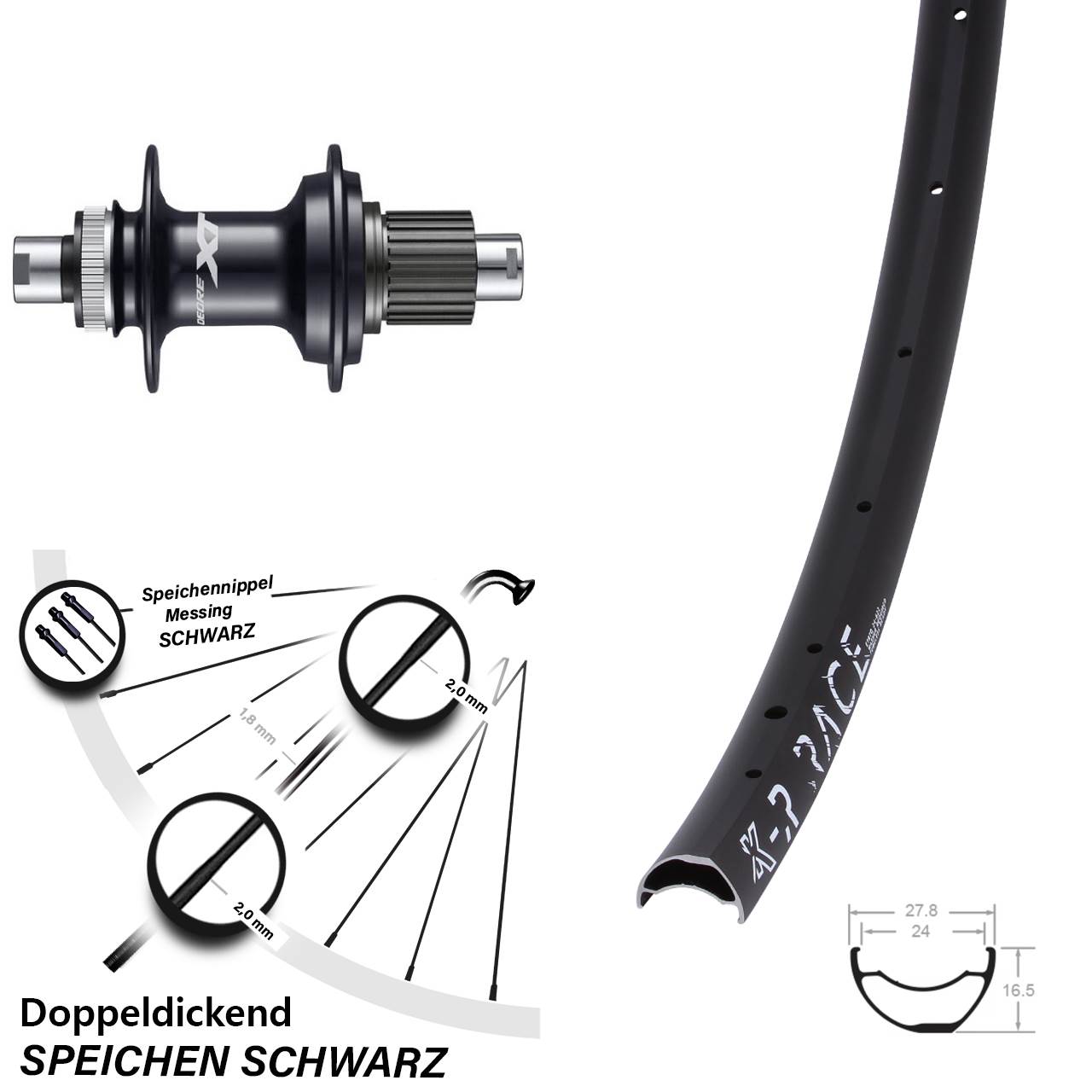 schwarzes 29 Zoll Hinteres Rad KX-R Race mit Shimano Deore XT 12x142 mm Micro Spline
