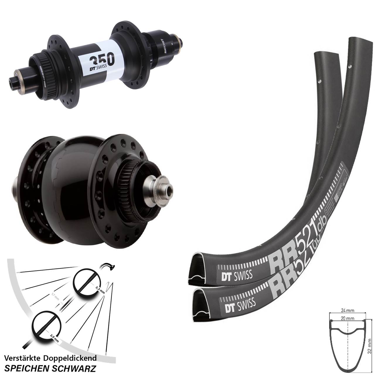 DT Swiss RR521 350 SON 28 Zoll Centerlock Laufradsatz für Schnellspanner SRAM XD