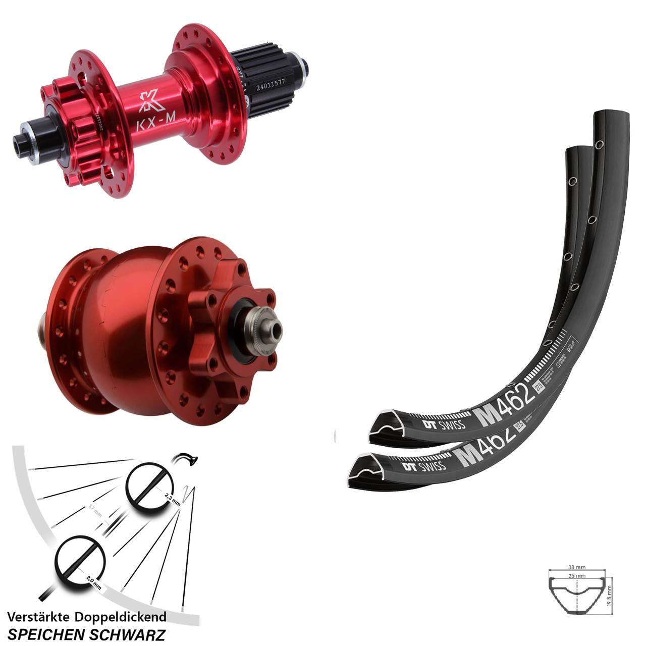 Laufradsatz 6-Loch für Schnellspanner 29 Zoll DT Swiss M 462 KX-M rot SON 28 Micro Spline