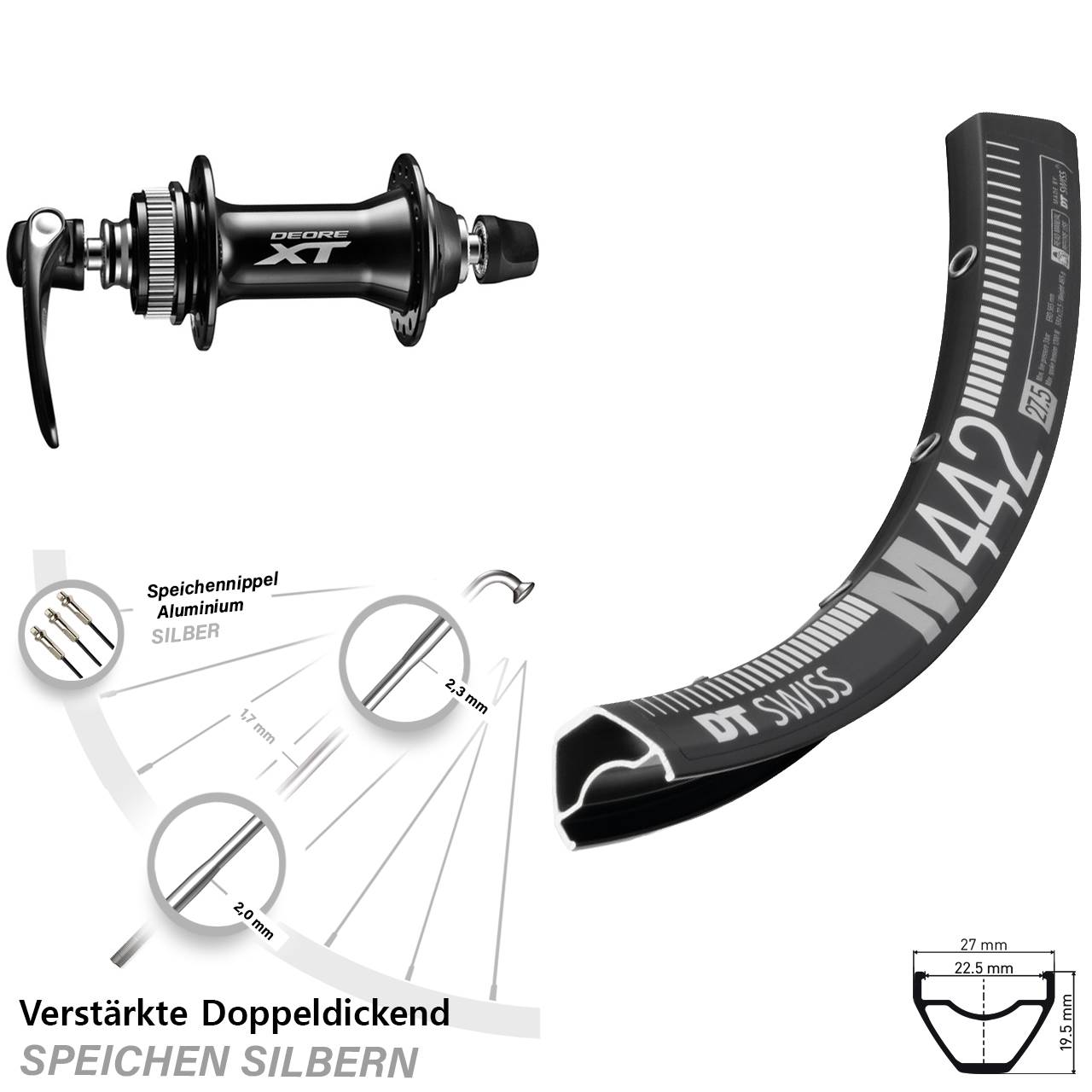 Centerlock Vorderrad 29 Zoll DT Swiss M 442 Shimano Deore XT für Schnellspanner