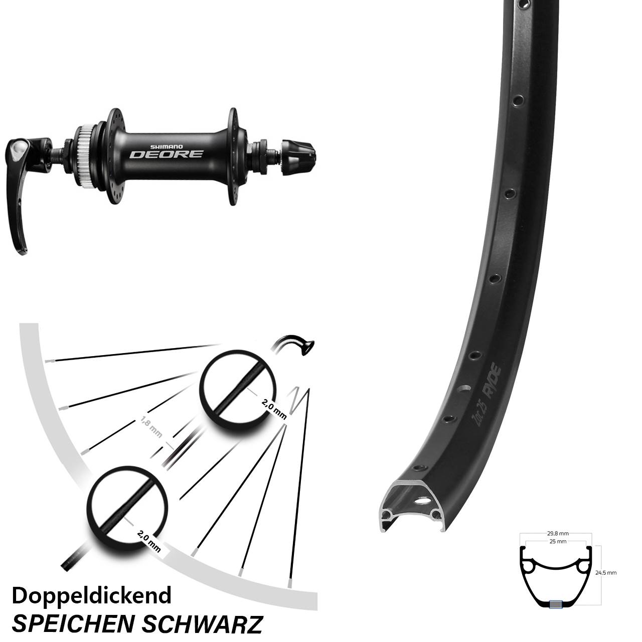 Ryde ZAC 25 Shimano Deore 28 Zoll Vorderrad Centerlock QR