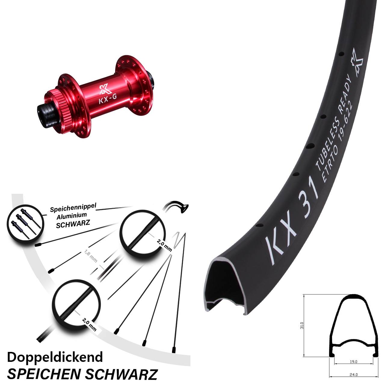 Disc Vorderrad 28 Zoll KX-G 31 rot 12x100