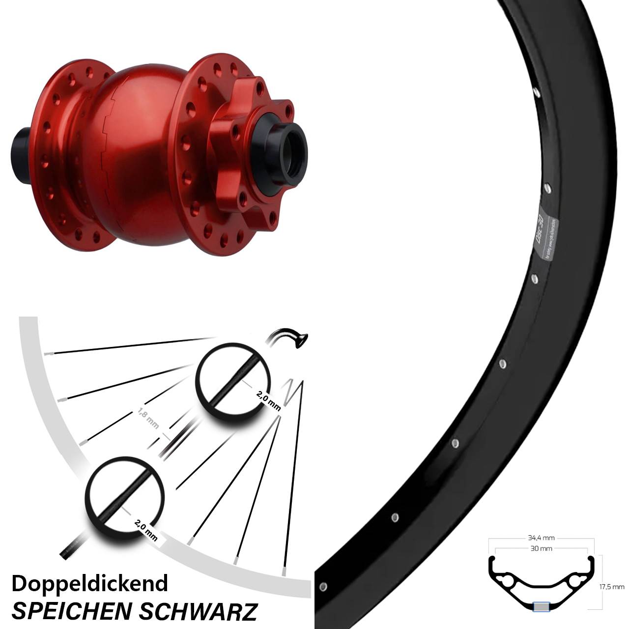 6-Loch Dynamo-Vorderrad 29 Zoll Ryde Disc 30 SON 28 rot 15x110 Boost
