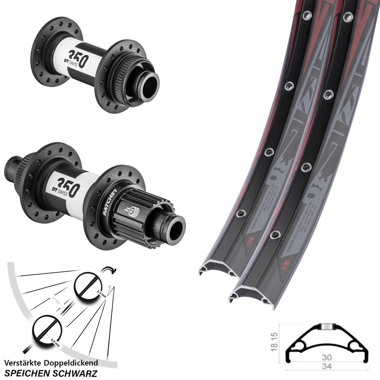 Disc Laufradsatz 29 Zoll Rodi TRYP 30 DT Swiss 350 Shimano Micro Spline 15x100 12x142