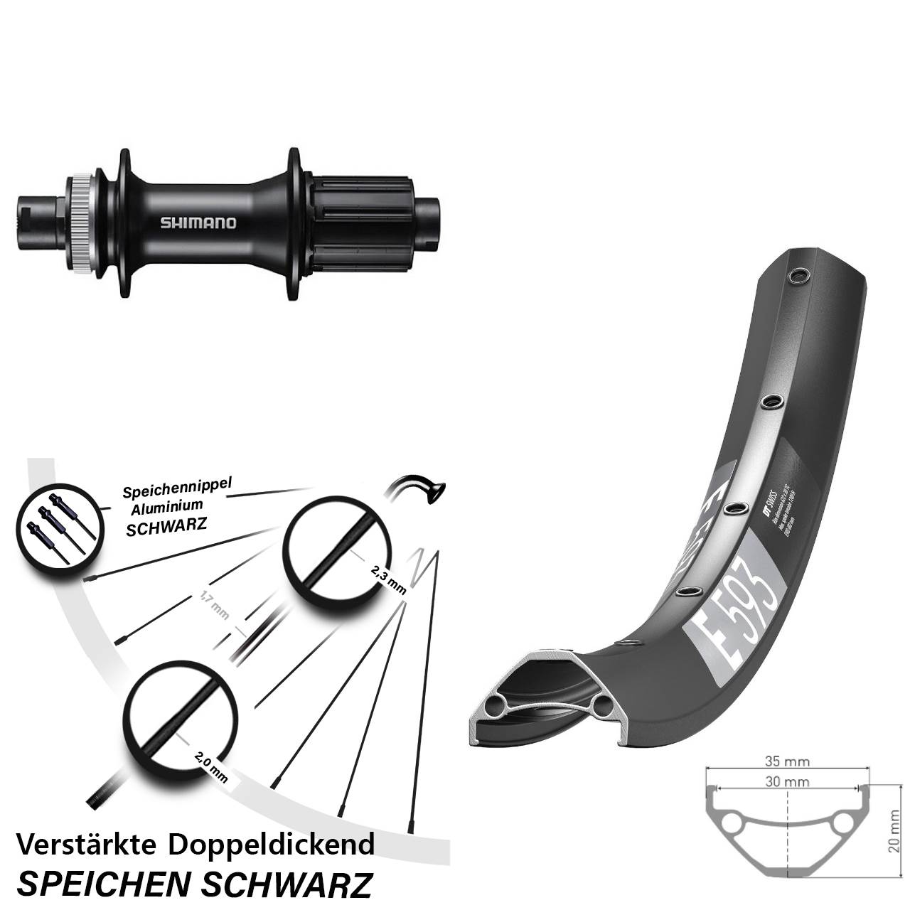 DT Swiss E593 Shimano FH-MT400 29 Zoll Disc Laufrad 12x142 8-11 fach HG