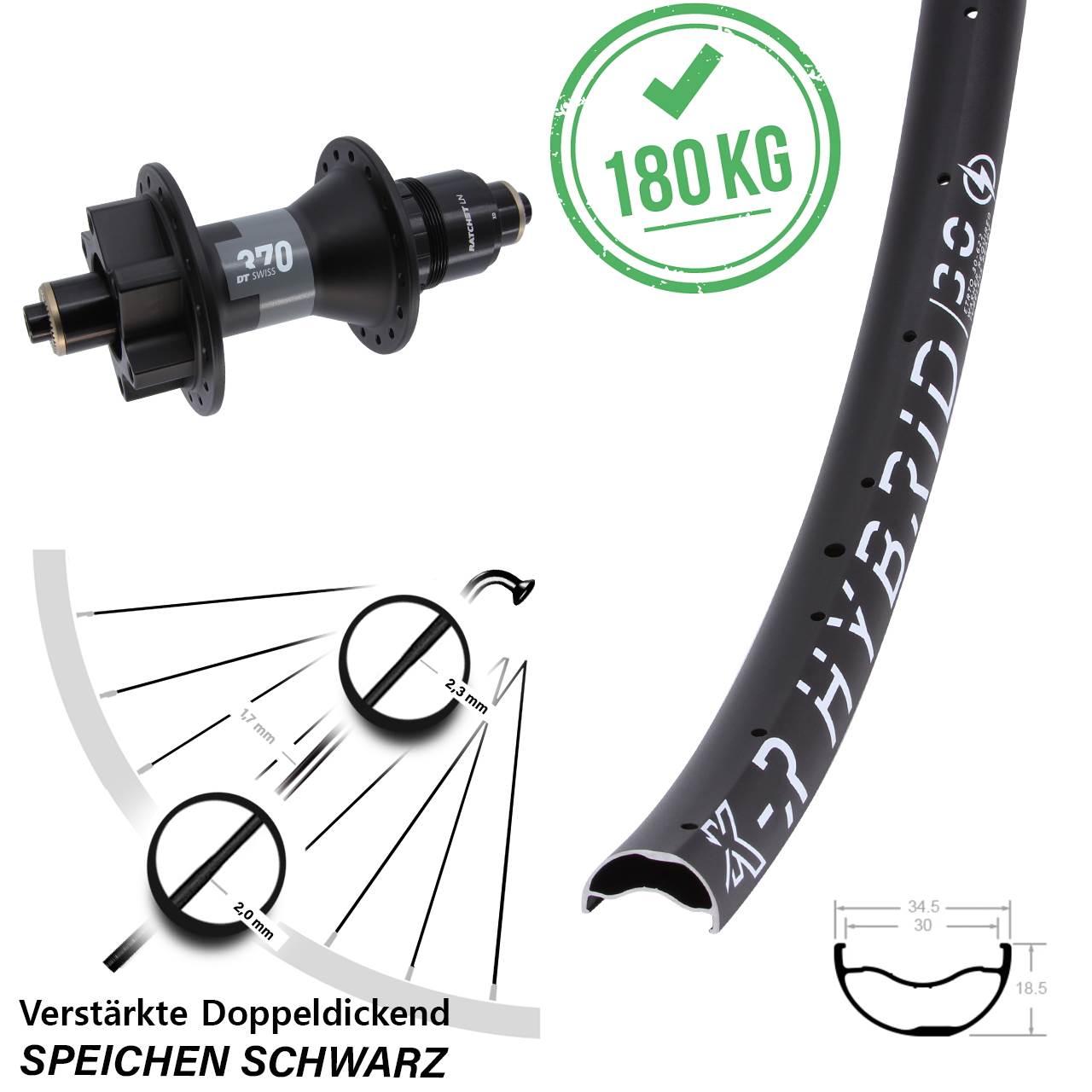 Hinterrad 6-Loch für Schnellspanner 29 Zoll KX-R Hybrid 30 DT Swiss 370 SRAM XD