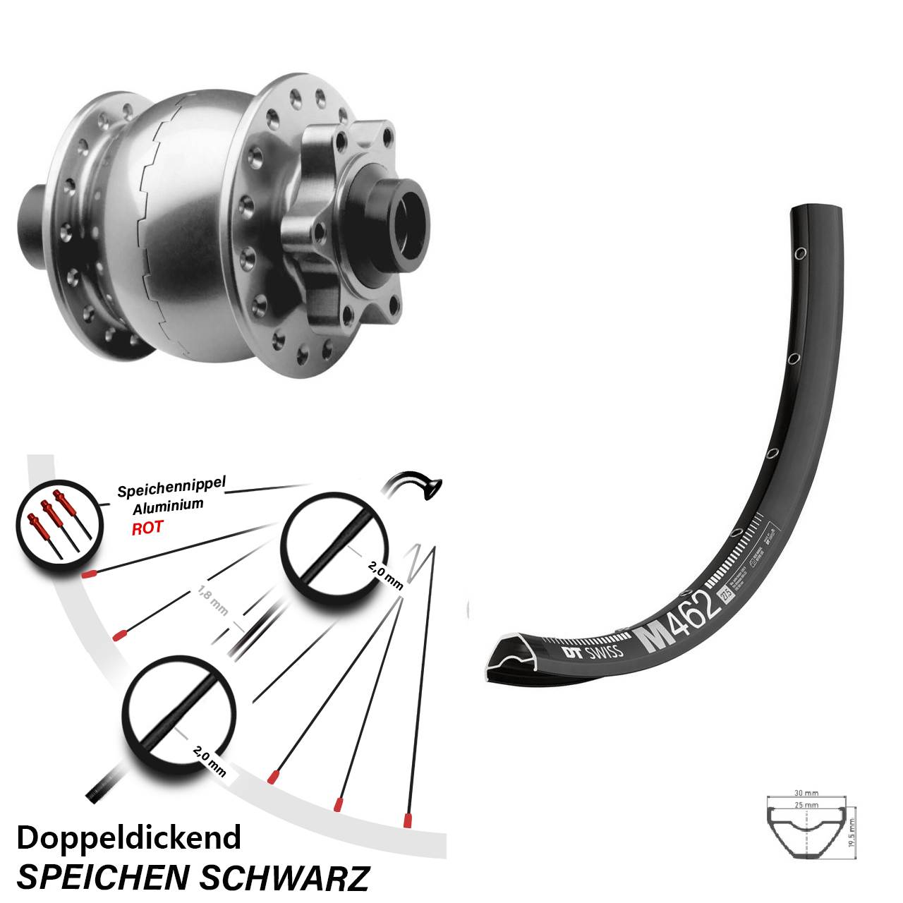27,5 Zoll DT Swiss M 462 SON 28 silbern Dynamo-Vorderrad 6-Loch 15x100