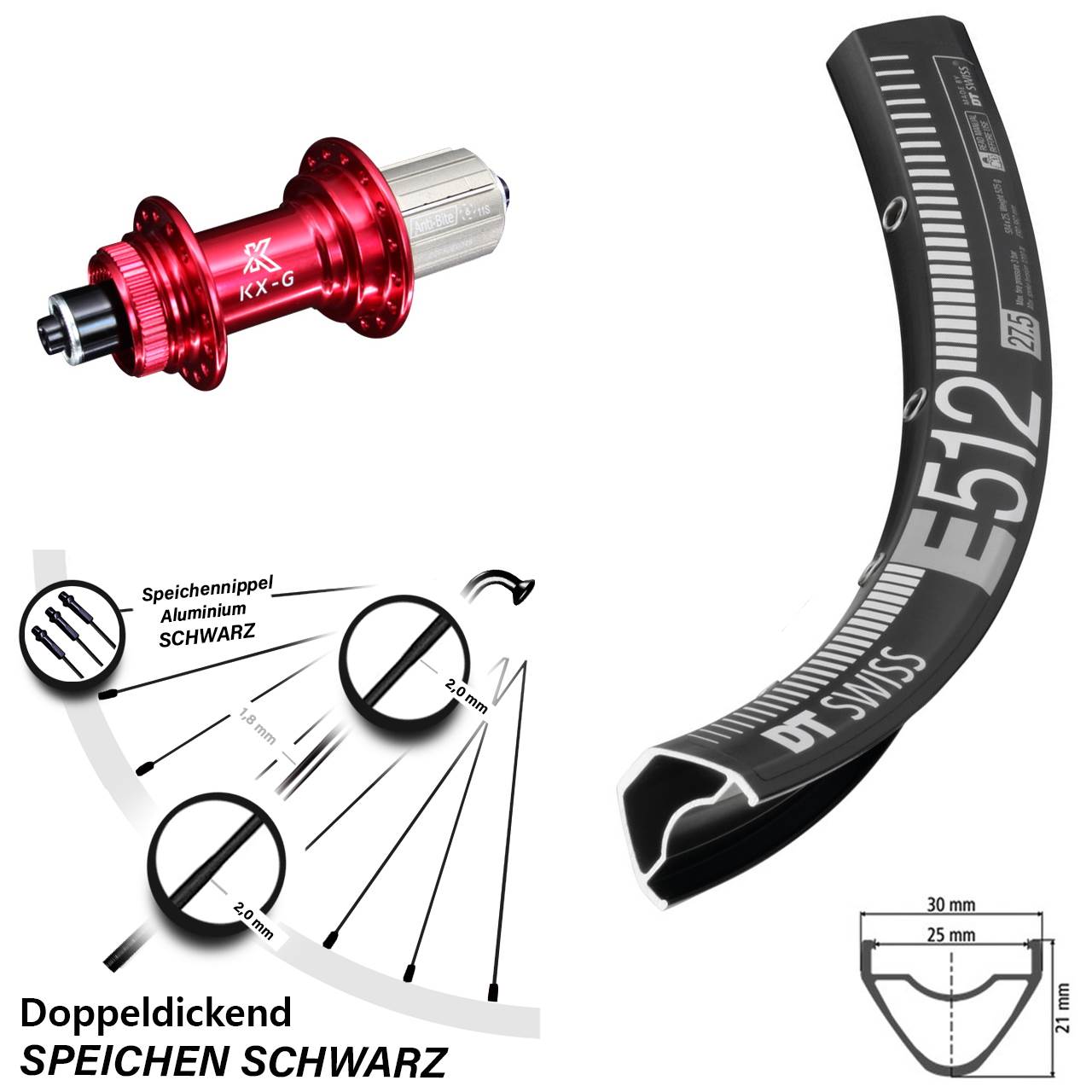 DT Swiss E 512 29 Zoll Hinterrad KX-G rot 8-12 fach