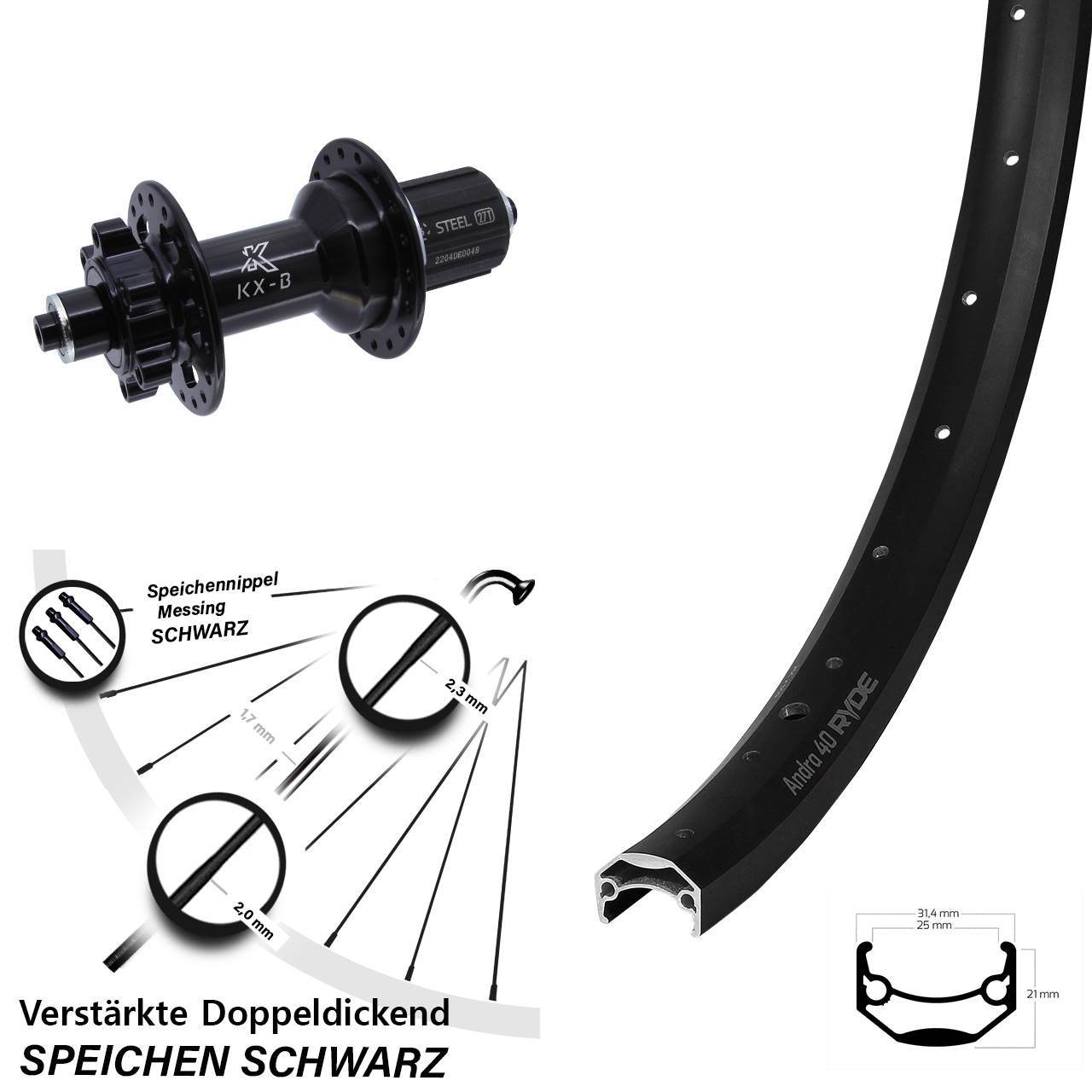 Hinterrad 6-Loch 27,5 Zoll Ryde Andra 40 Disc KX-B 8-12 fach HG QR Boost